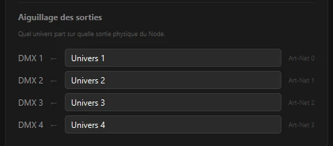 Tableau d'aiguillage des sorties DMX d'un node dans MyStrow