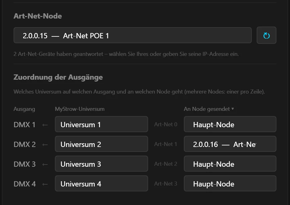 Zuordnungstabelle der Ausgänge in MyStrow: Ausgang DMX 2 wird an den Node 2.0.0.16 gesendet