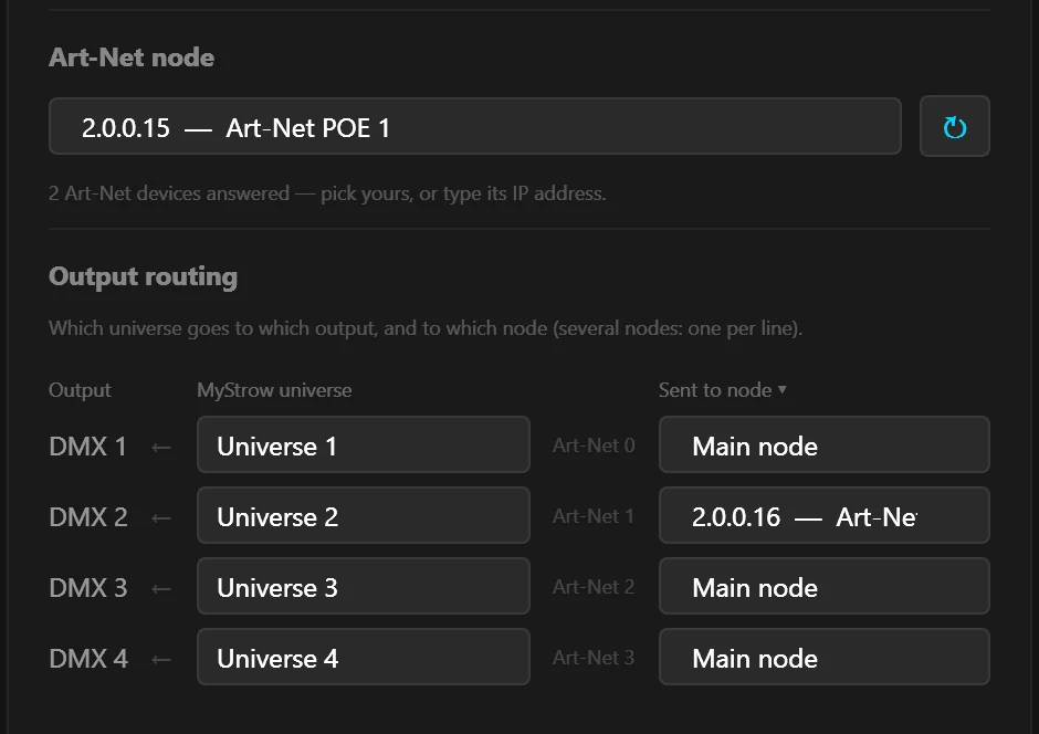 MyStrow output routing table: output DMX 2 is sent to node 2.0.0.16