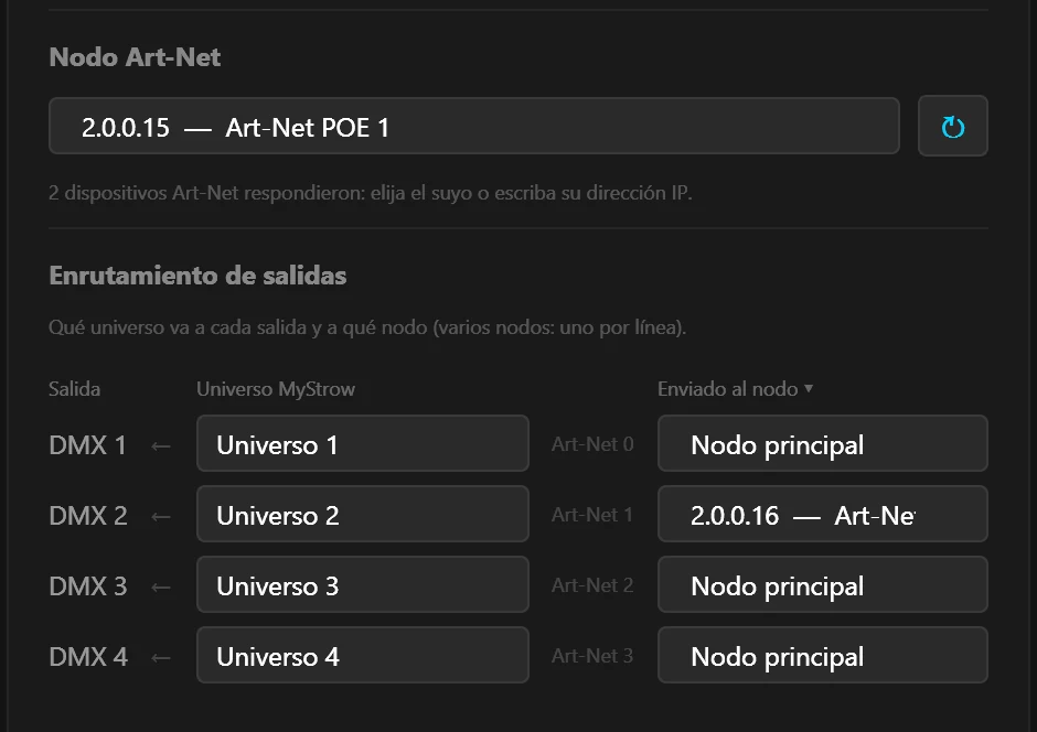 Tabla de enrutamiento de salidas de MyStrow: la salida DMX 2 se envía al nodo 2.0.0.16