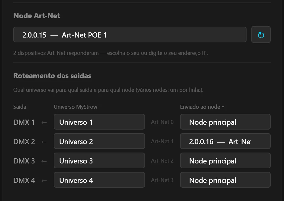 Tabela de roteamento das saídas do MyStrow: a saída DMX 2 é enviada ao node 2.0.0.16