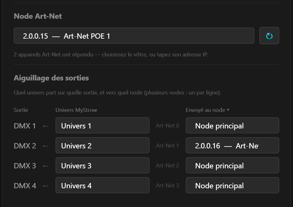 Tableau d'aiguillage des sorties de MyStrow : la sortie DMX 2 est envoyée au node 2.0.0.16