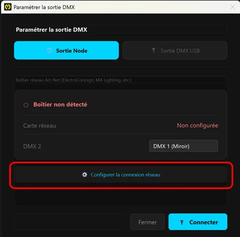 Bouton Configurer la connexion réseau dans la fenêtre Paramétrer la sortie DMX de MyStrow