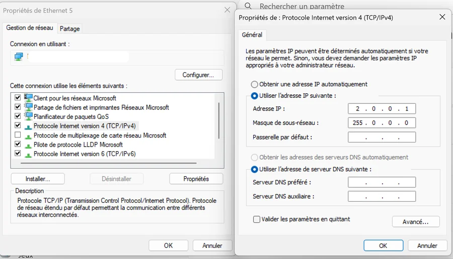 Propriétés de la carte réseau Windows en IP fixe 2.0.0.1 pour un node Art-Net